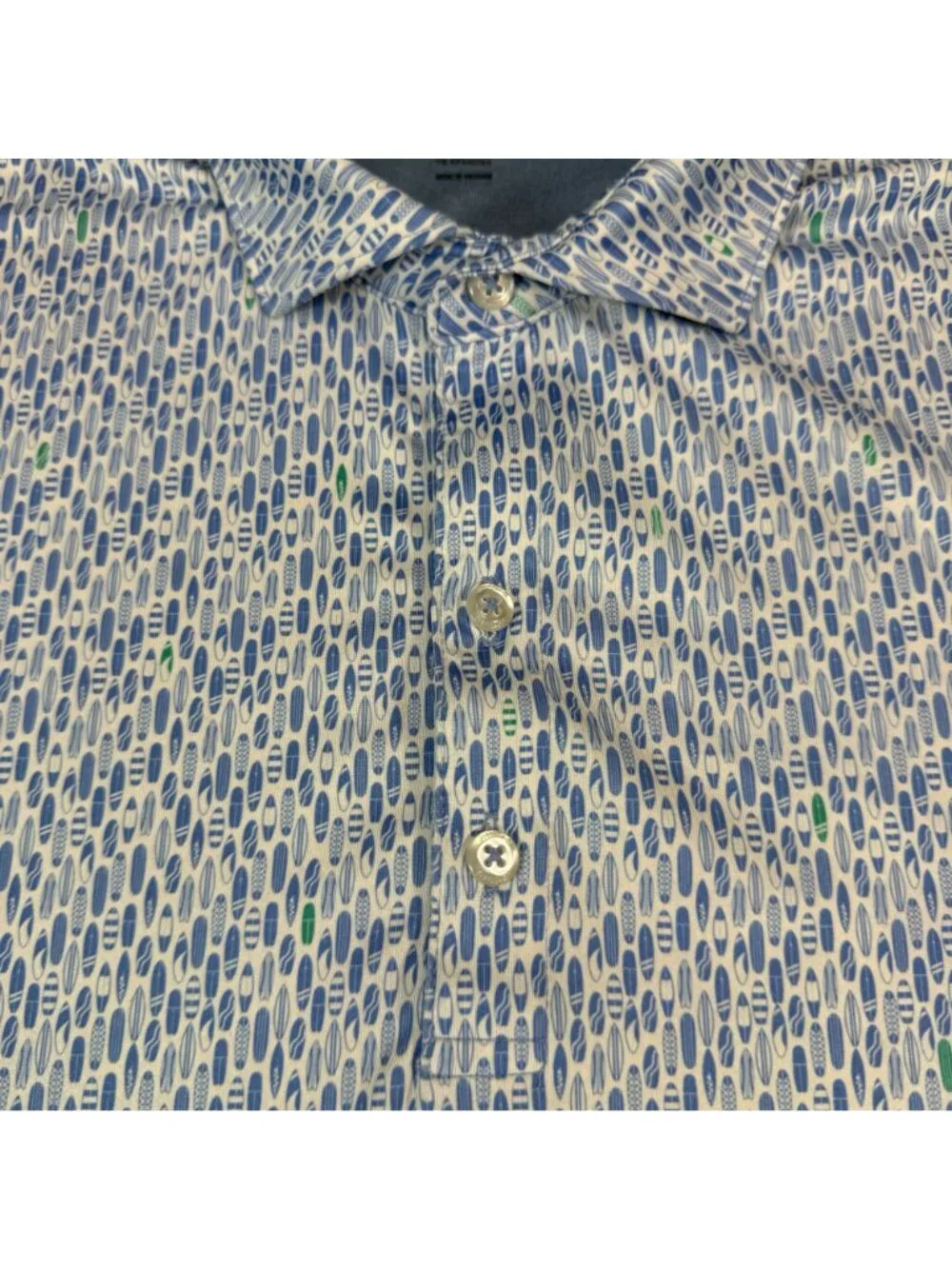 Johnnie O Performance Polo Shirt Blue White Surfboards UPF 50 Mens XL Golf Outd